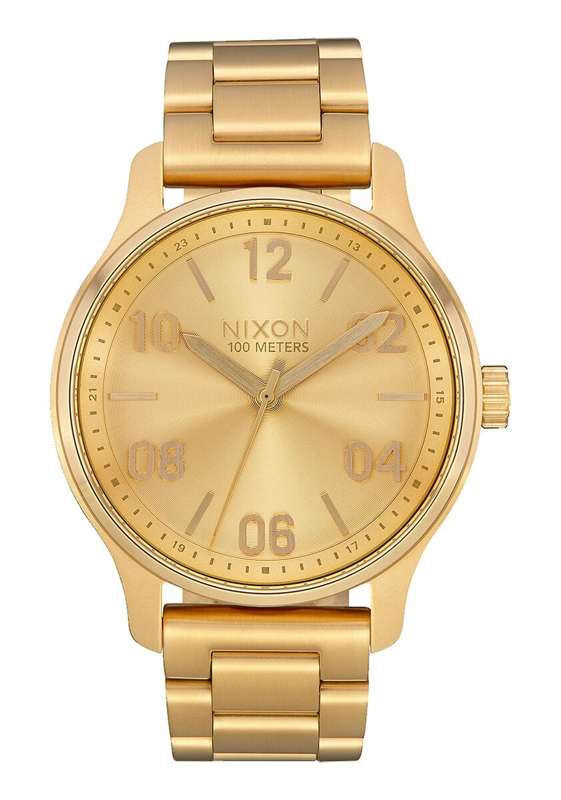 Gold-toned wristwatch with a metal bracelet and round face displaying numerals.