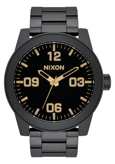 Black wristwatch with a gold-toned dial and numerals, featuring a metal bracelet.