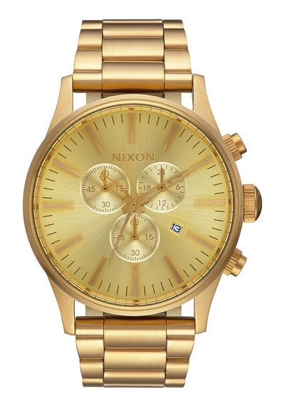 Gold-toned wristwatch with a chronograph dial and metal bracelet.