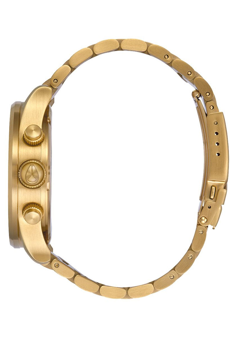 Gold-toned wristwatch with a metal bracelet and chronograph subdials.