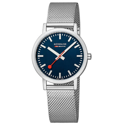 Sleek wristwatch with a blue dial and silver mesh band.