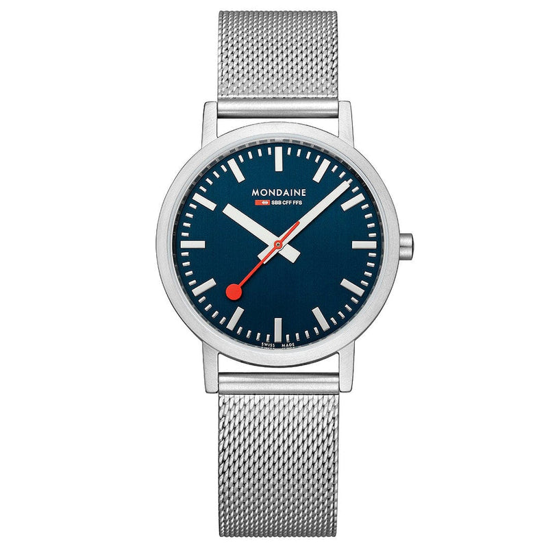 Sleek silver wristwatch with a dark blue face and red second hand.