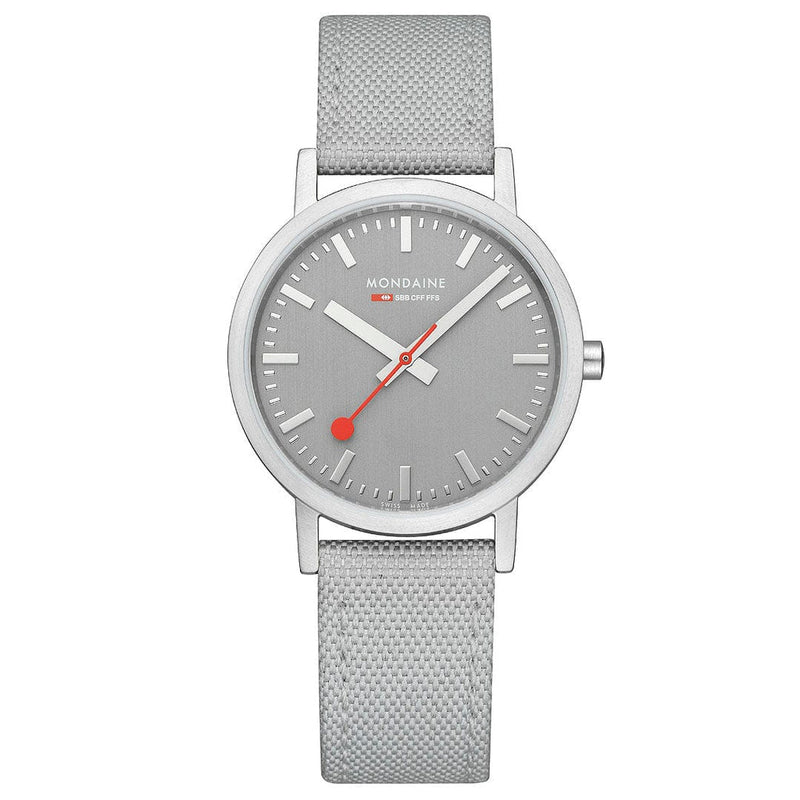 Sleek wristwatch with a gray dial and fabric strap.