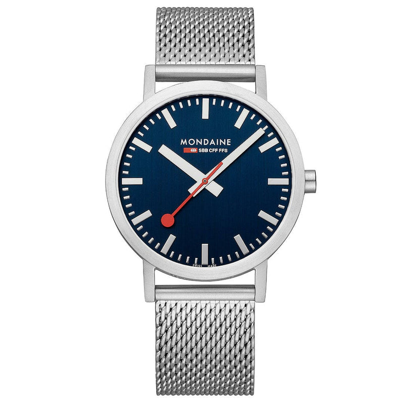 Sleek wristwatch with a blue dial and silver mesh band.