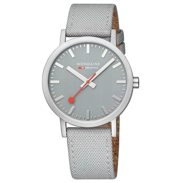 Wristwatch with a gray dial, red hands, and a light gray fabric strap.