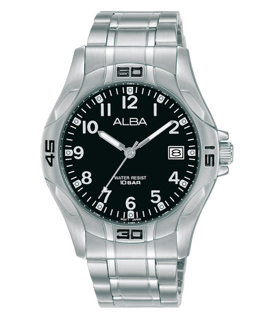 Silver wristwatch with a black dial and Arabic numeral hour markers.