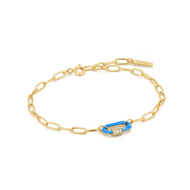 Neon Blue Enamel Carabiner Gold Bracelet