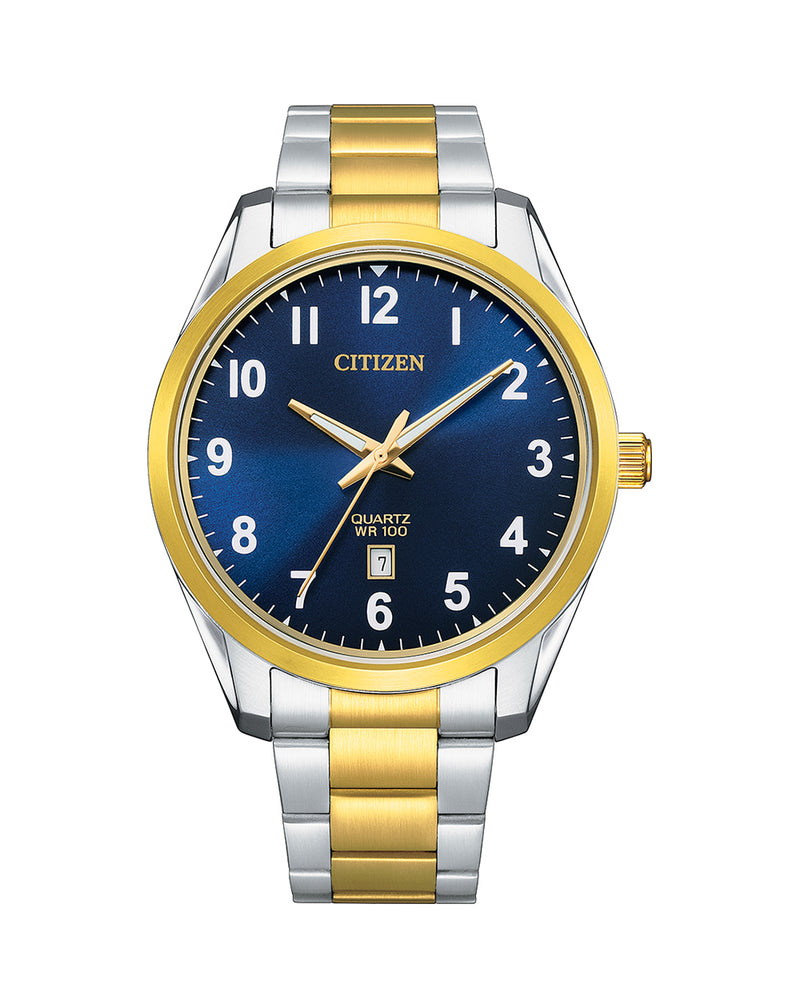 Citizen wristwatch with a blue dial and two-tone silver and gold metal band.