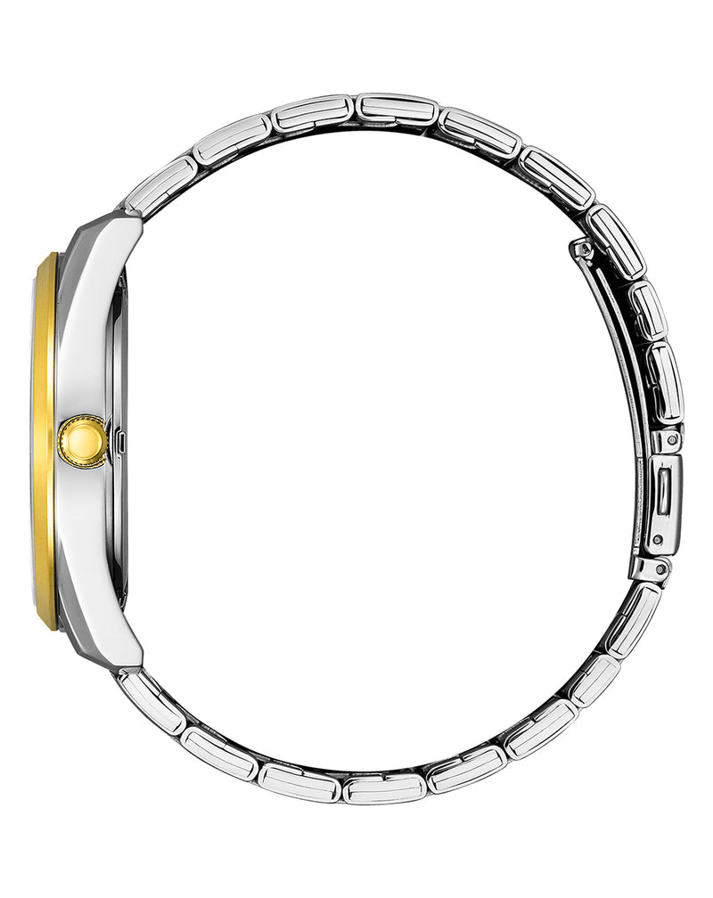 Stainless steel wristwatch with a silver metal band and gold-colored accents on the crown.