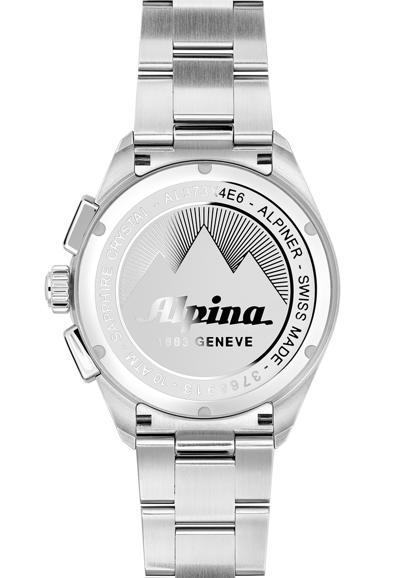 Back of a silver Alpina wristwatch with a metal bracelet.