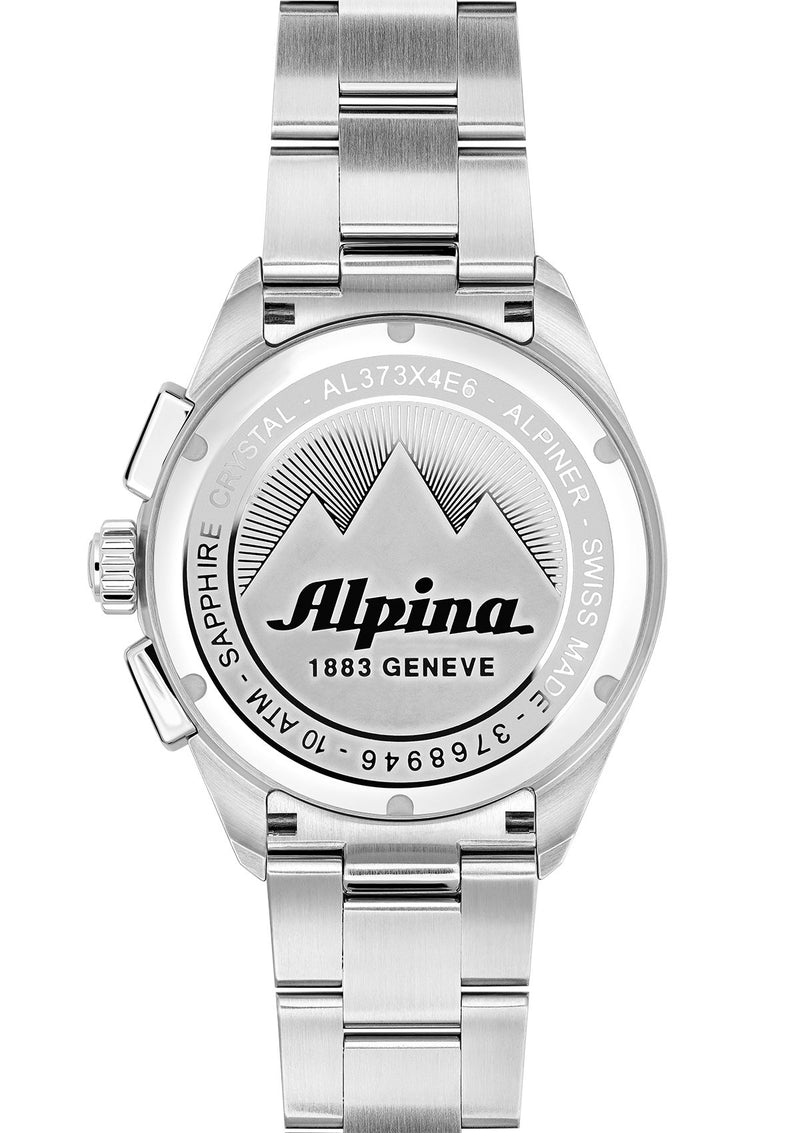 Silver wristwatch with ’Alpina’ branding on its caseback.