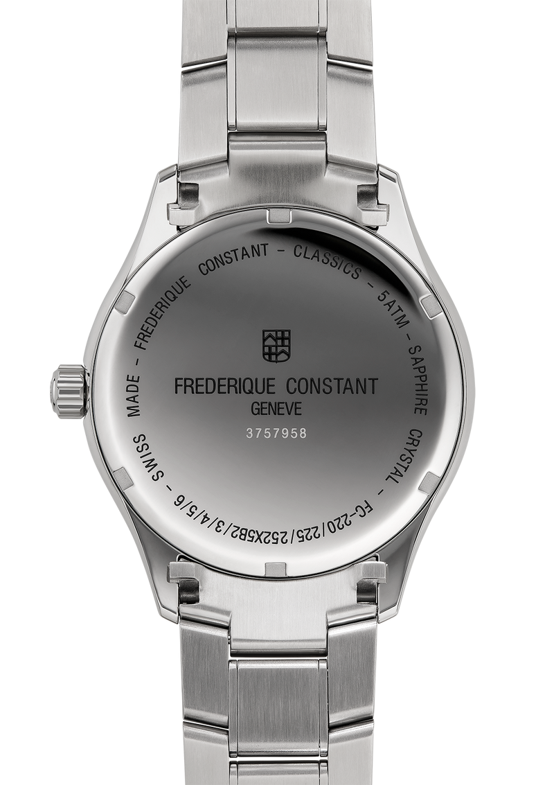 Back of a stainless steel Frederique Constant wristwatch with visible engraving.