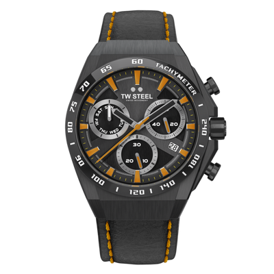 Stylish black and orange chronograph wristwatch with a leather strap.