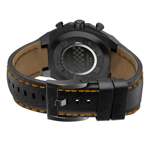 Black wristwatch with a leather strap featuring orange stitching and a carbon fiber-style dial face.