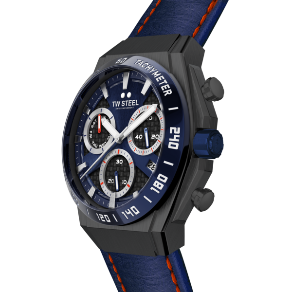 Stylish men’s chronograph wristwatch with a blue dial and leather strap.