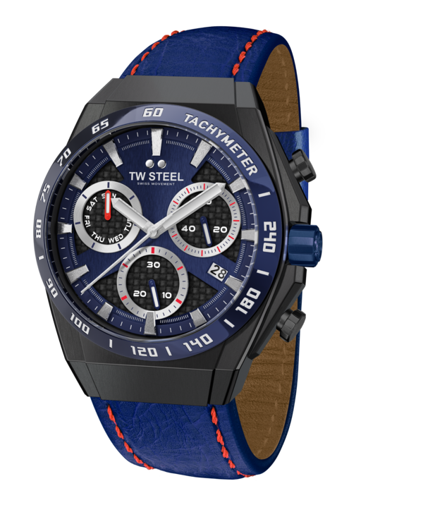 Stylish sports watch with a blue leather strap and multiple chronograph dials.