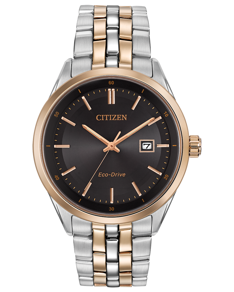Citizen wristwatch with a two-tone metal band and black dial face.