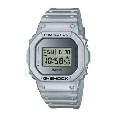 Silver digital G-Shock watch with a square face and resin band.