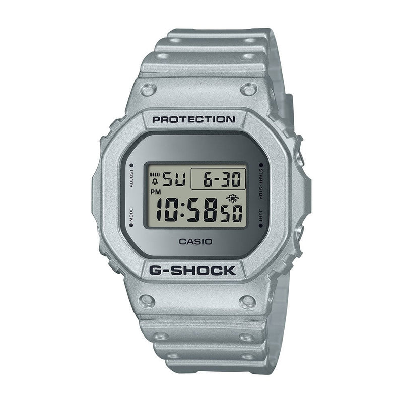 Silver digital G-Shock watch with a square face and resin band.