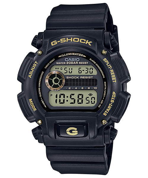G-Shock digital wristwatch with a black resin band and gold accents.