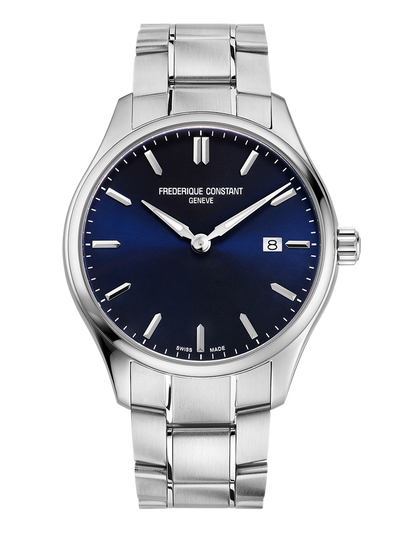 Silver wristwatch with a dark blue dial and metal bracelet.