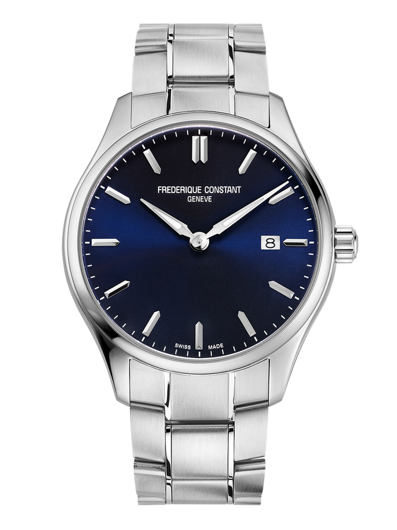 Silver wristwatch with a dark blue dial and metal bracelet.