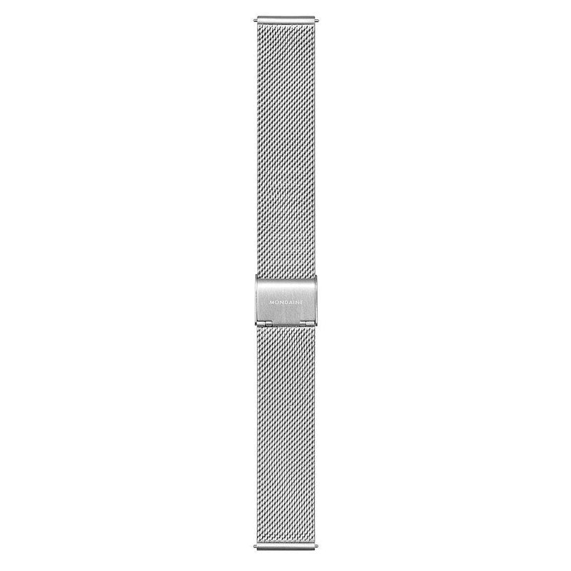 Silver mesh watch band with a clasp.