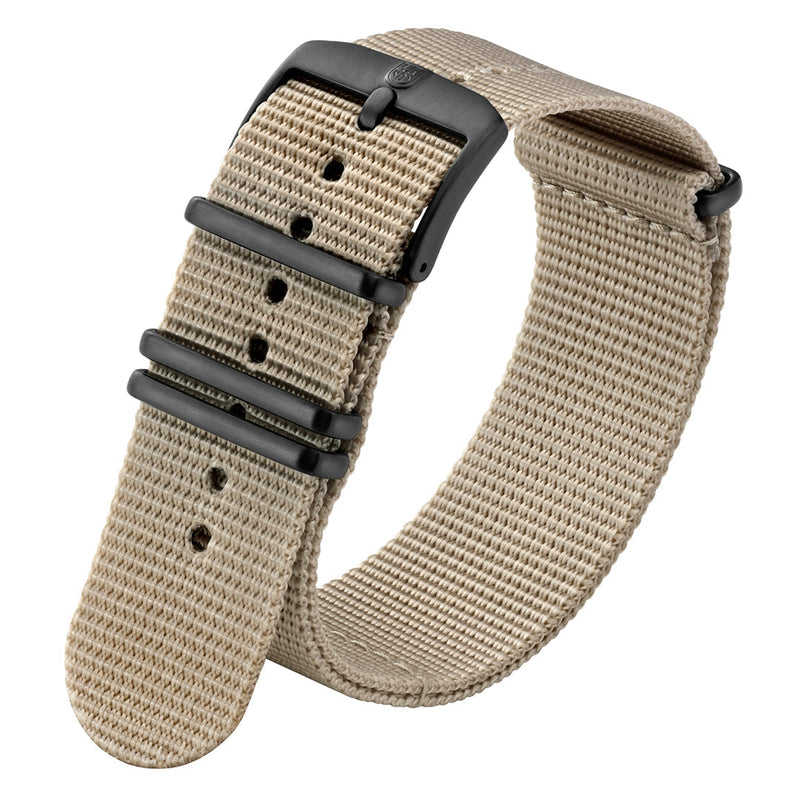 Beige nylon watch strap with black buckle and hardware.