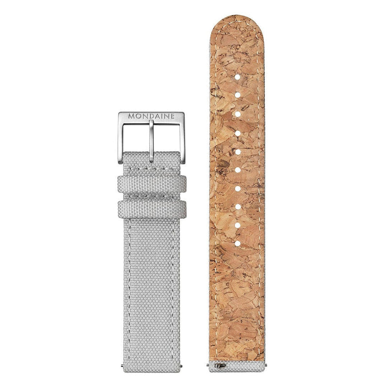 Watch strap with a gray fabric band and a cork-textured band side by side.