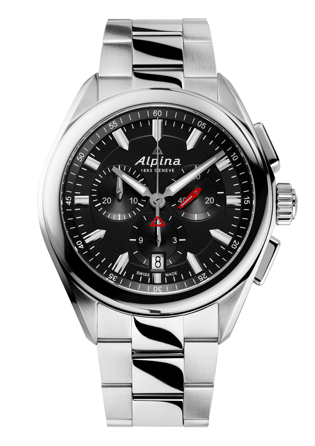 Stainless steel chronograph wristwatch with a black dial and Alpina branding.