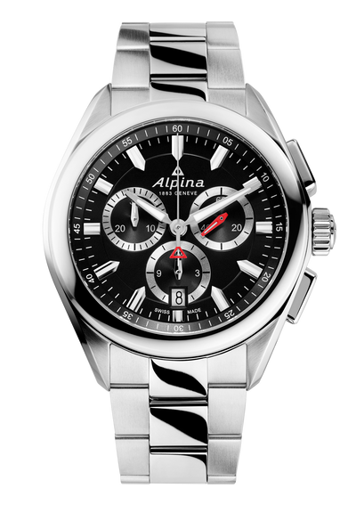 Stainless steel chronograph wristwatch with a black dial and three subdials.