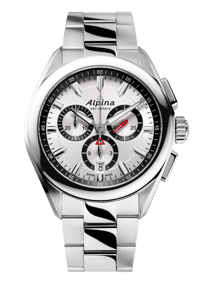 Stainless steel chronograph wristwatch with a white dial and three subdials.