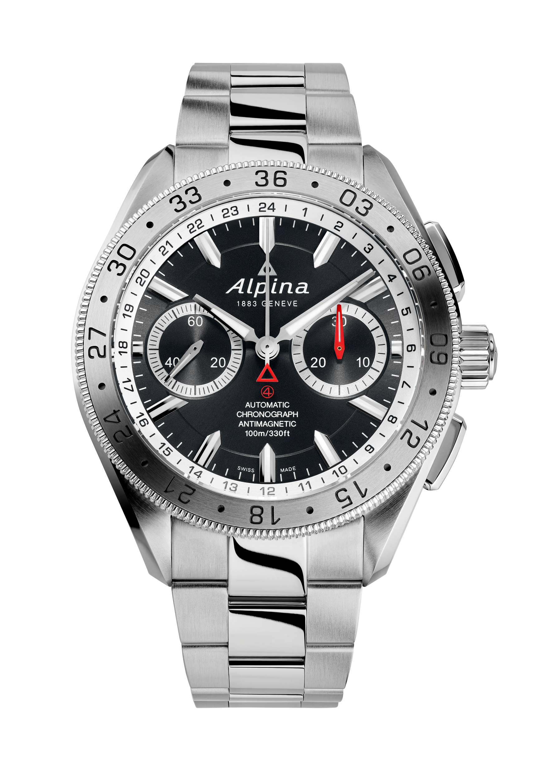 Stainless steel chronograph wristwatch with a black dial and silver bezel.