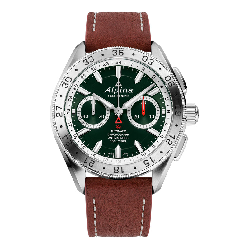 Alpina wristwatch with a green dial, silver case, and brown leather strap.