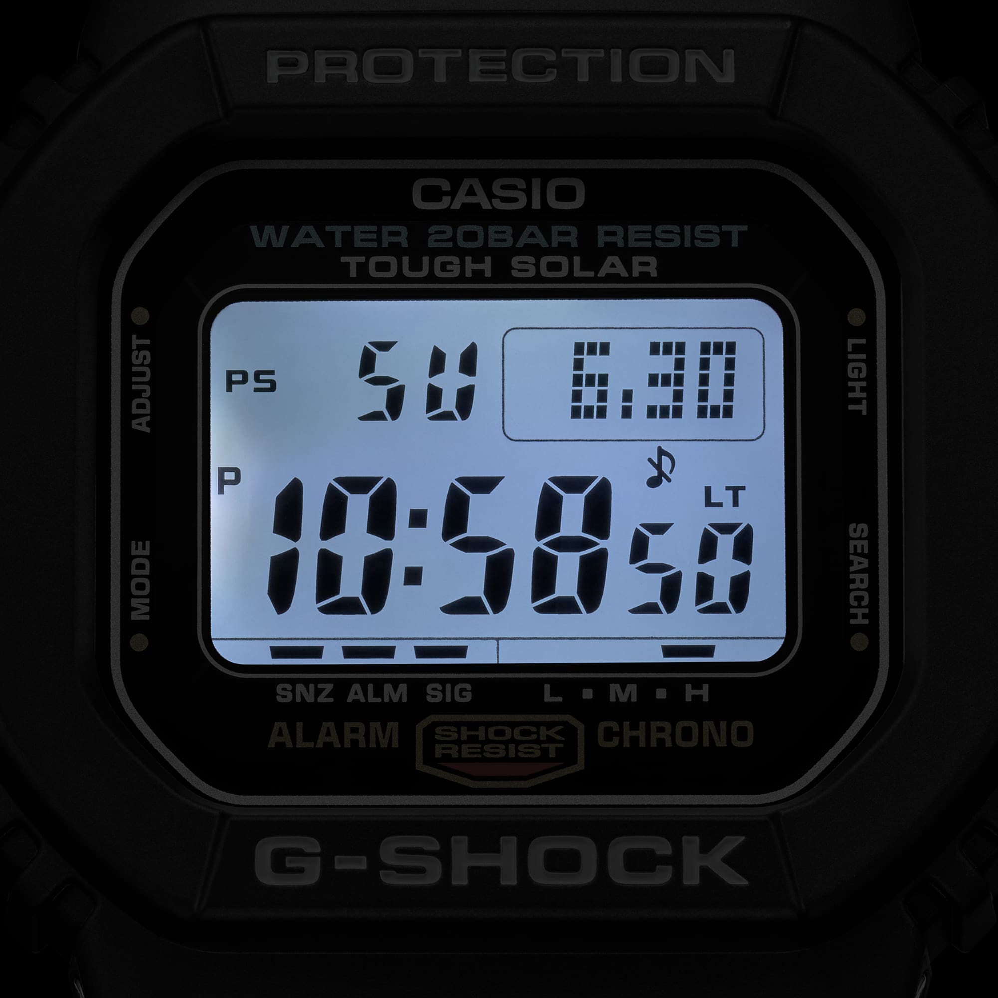 Digital display of a Casio G-Shock watch showing the time 10:58:58.