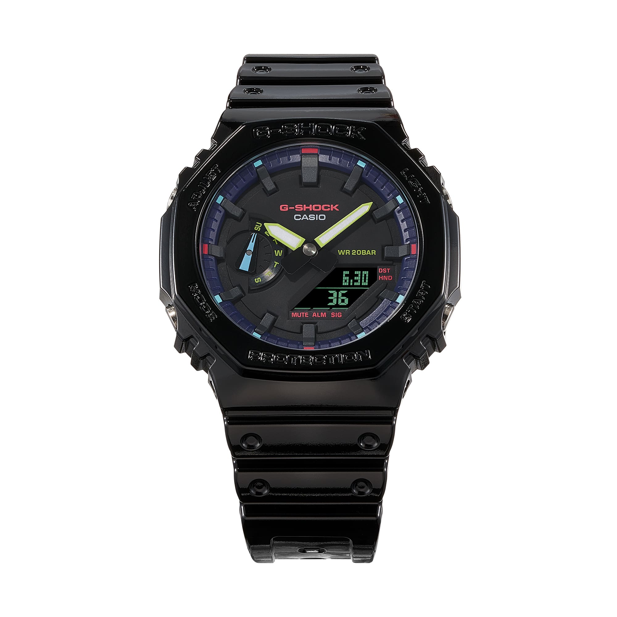 Black digital sports watch with a multicolored display and rugged design.