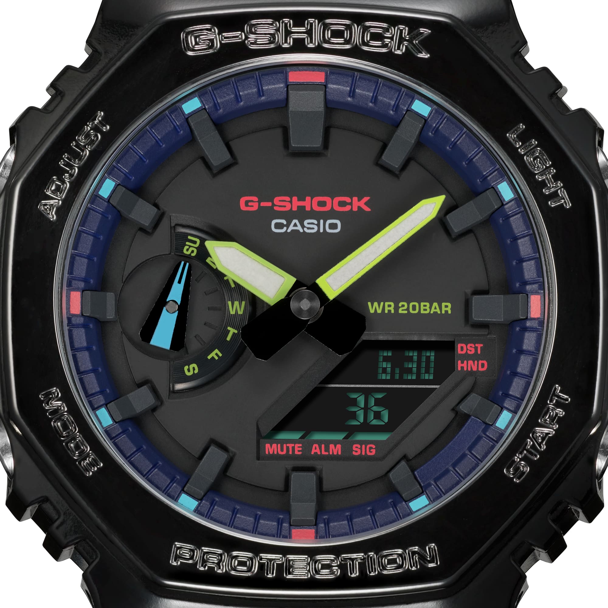 G-Shock watch face with colorful analog and digital displays.