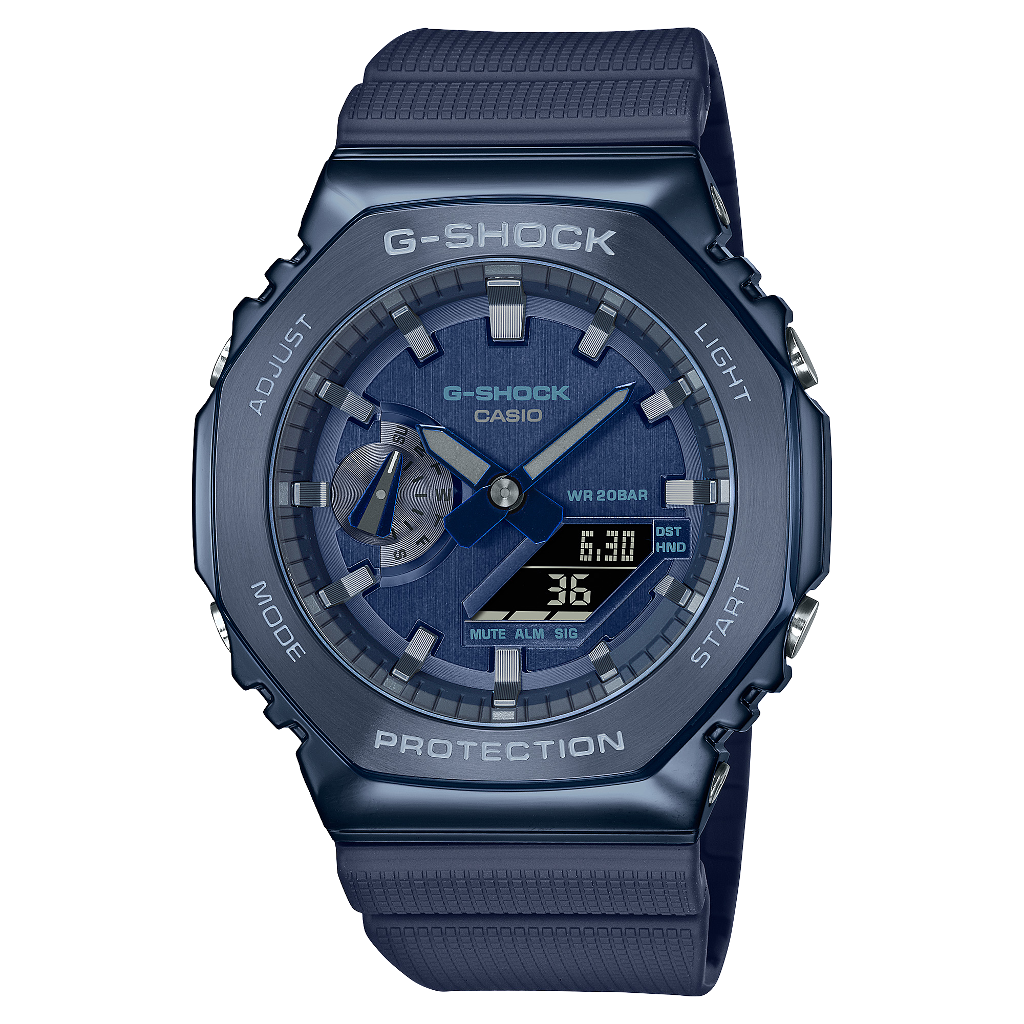 Navy blue G-Shock digital-analog wristwatch with a rugged design.