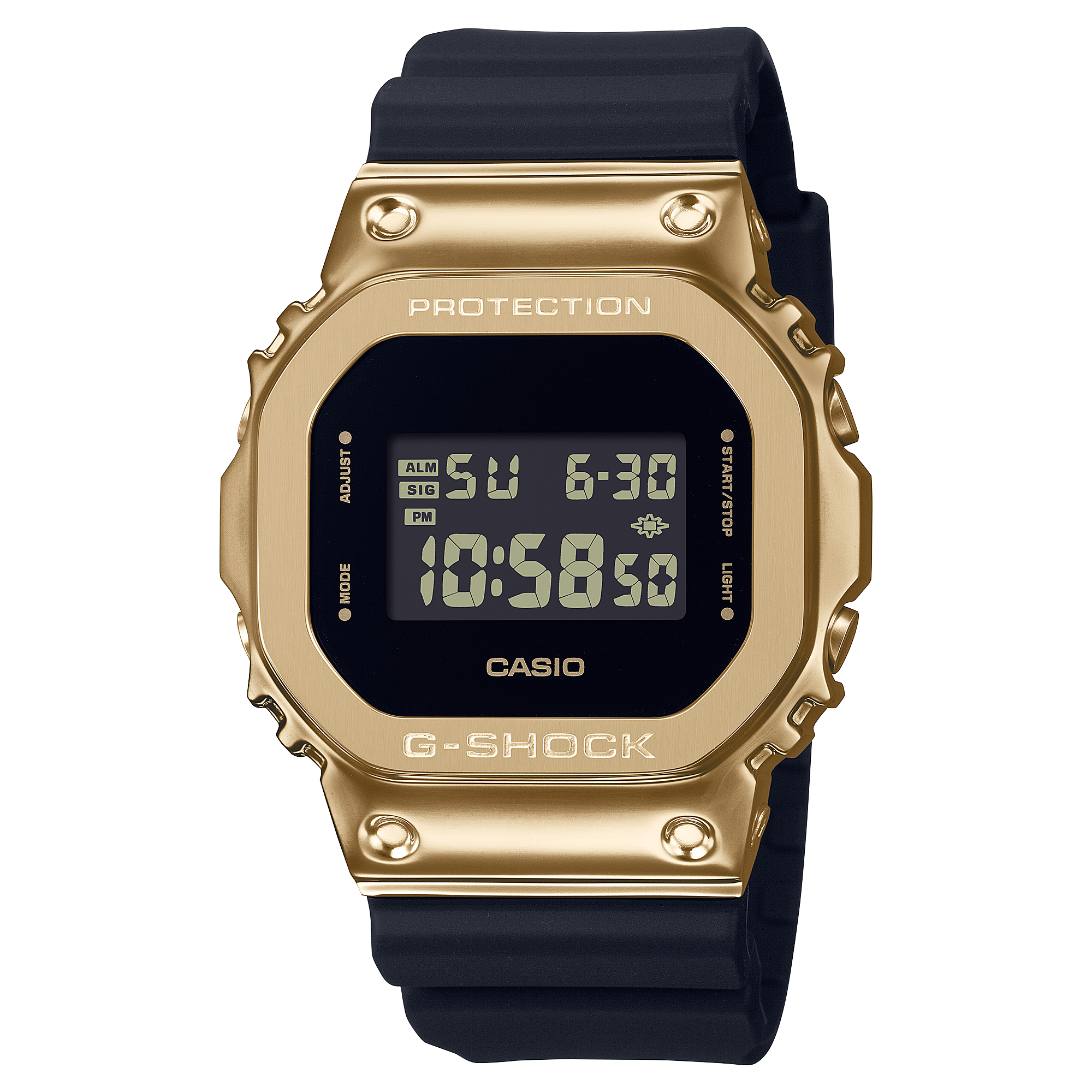 Gold-toned digital G-Shock watch with a black resin strap.