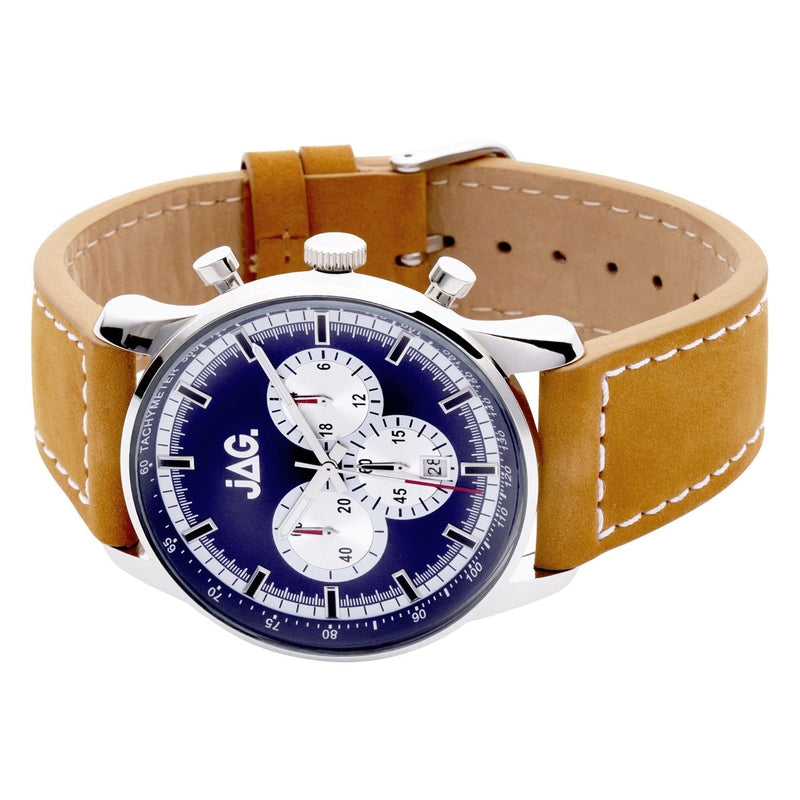 Jag Chris Blue Dial Silver 44Mm Tan Strap Mens Watch