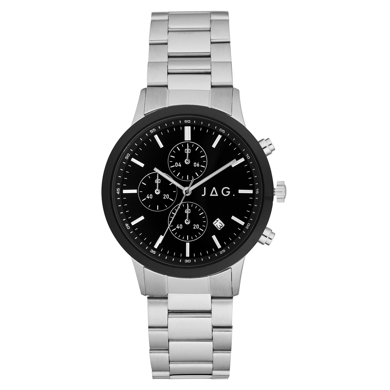 Stainless steel wristwatch with a black dial and chronograph subdials.