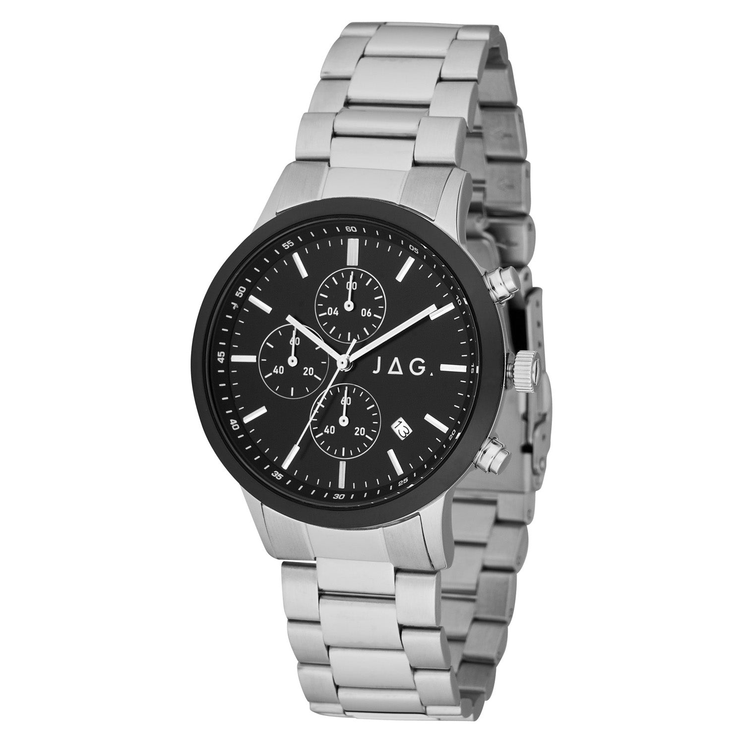 Stainless steel wristwatch with a black dial and chronograph subdials.