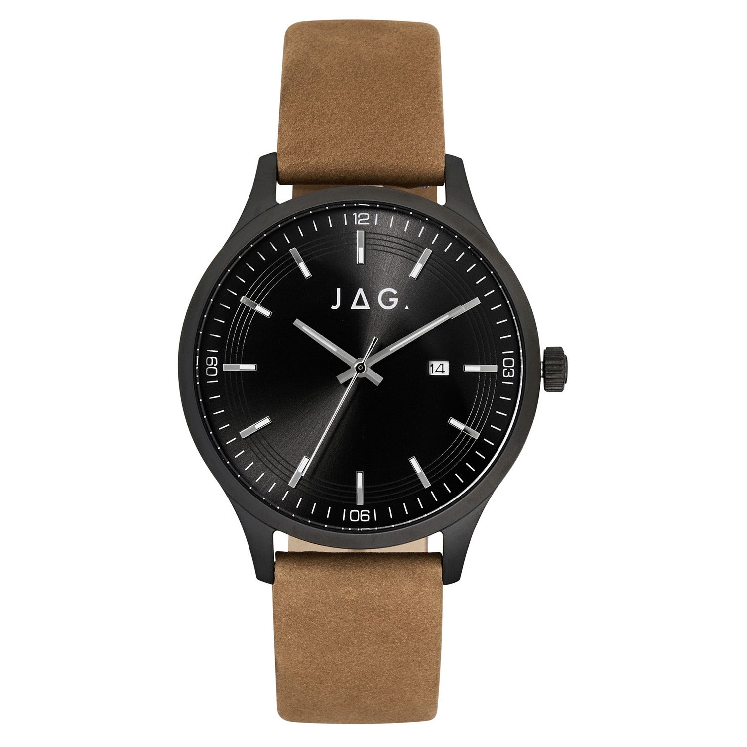 Wristwatch with a black face and tan leather strap.