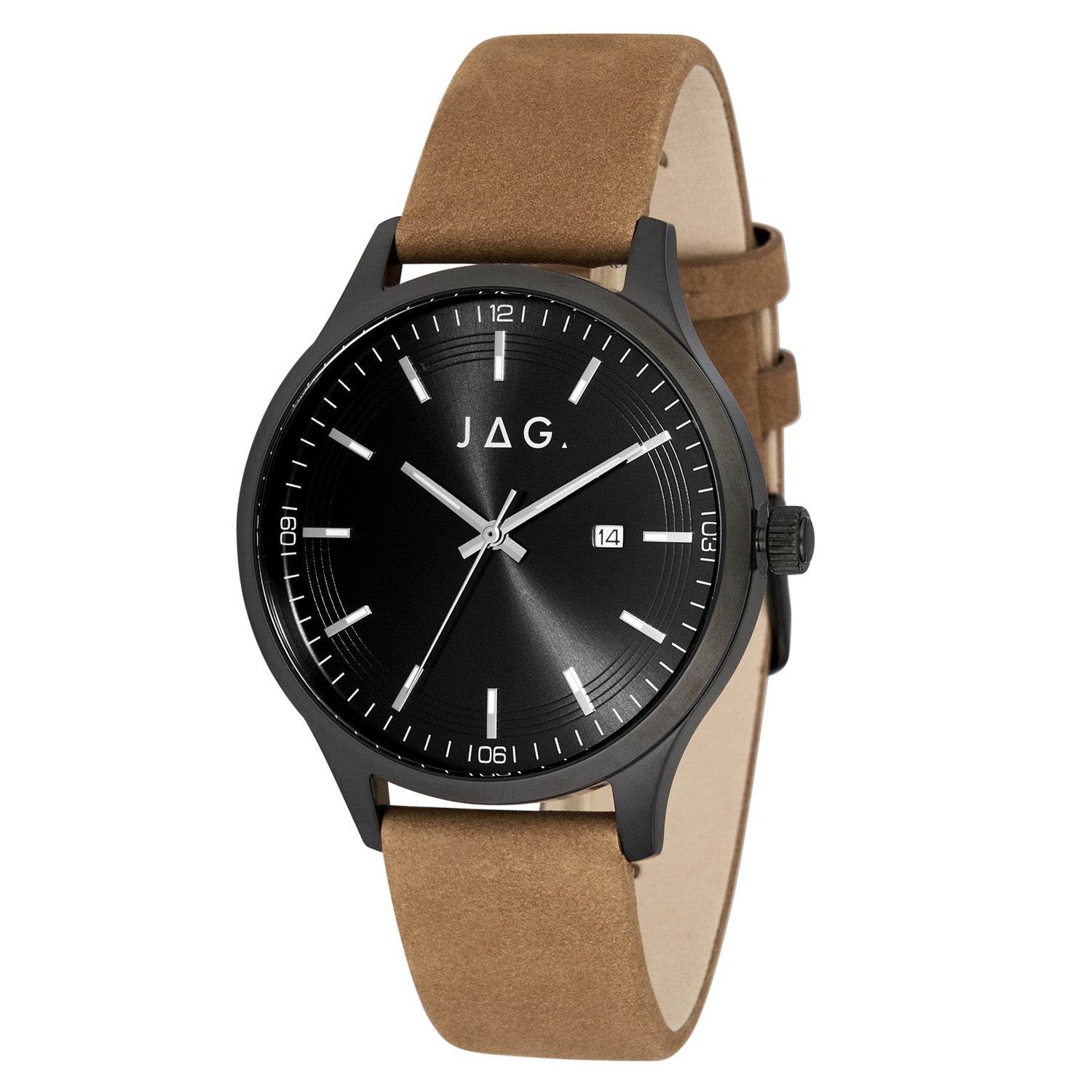 Wristwatch with a black face, tan leather strap, and ’JAG’ branding.