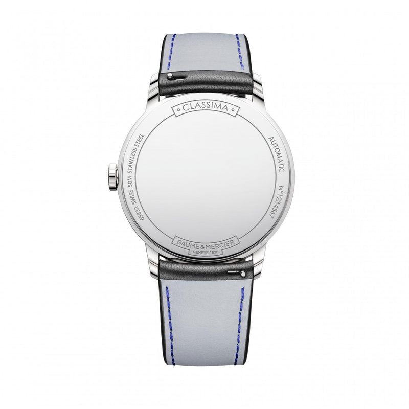 Wristwatch with a white leather strap and silver case back.