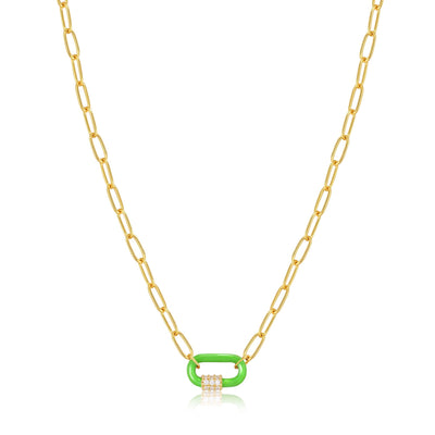 Neon Green Enamel Carabiner Gold Necklace