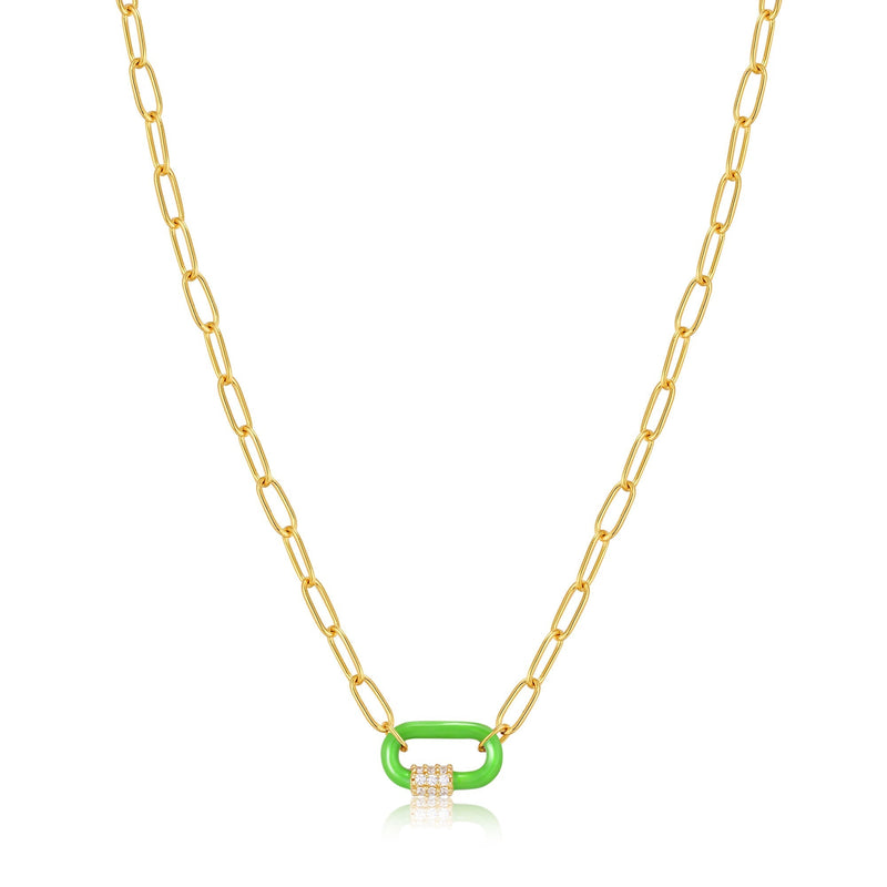 Neon Green Enamel Carabiner Gold Necklace