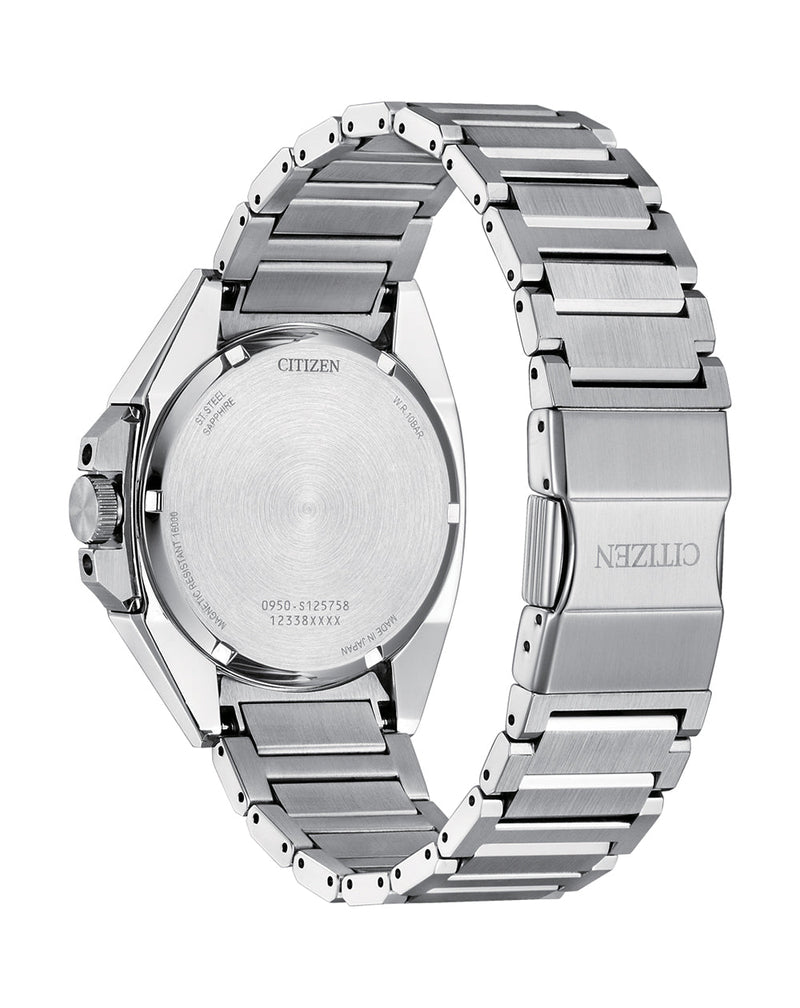 Silver metal wristwatch with a linked band.