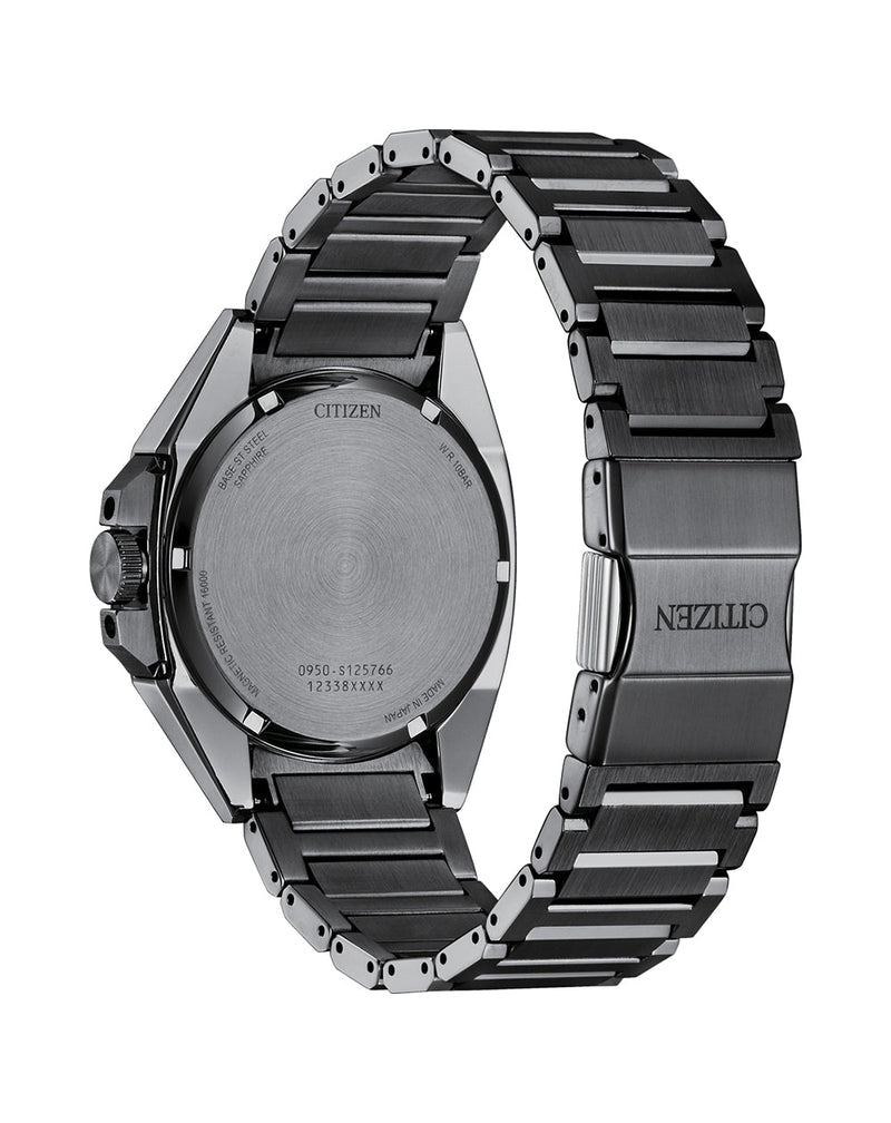 Metallic wristwatch with a dark gray or black link bracelet band.