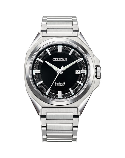 Silver-toned Citizen wristwatch with a black dial and date display.